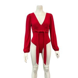 Lulus Feeling Feisty Red Long Sleeve Tie-Back Bodysuit, Size M